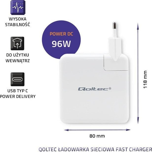 Karikues rrjeti Qoltec FAST, 96W, USB C PD, i bardhë