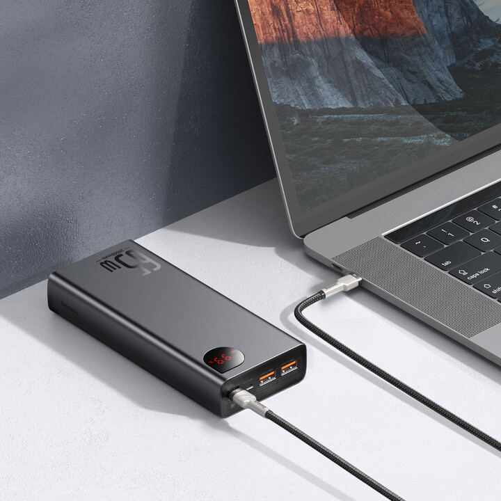 Powerbank me ekran dixhital Baseus Adaman Metal QC + PD, 20000mAh, 65W, i zi + kabllo USB-A/USB-C, 30cm, e zezë
