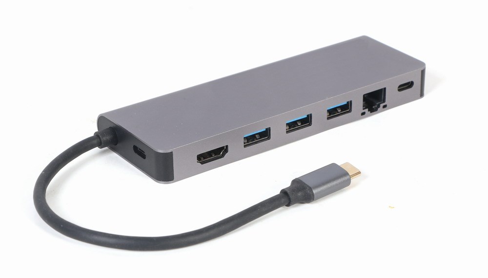 Përshtatës Gembird A-CM-COMBO5-05, USB Type-C, 5-in-1, Hub, HDMI, PD, card reader, LAN, i hirtë