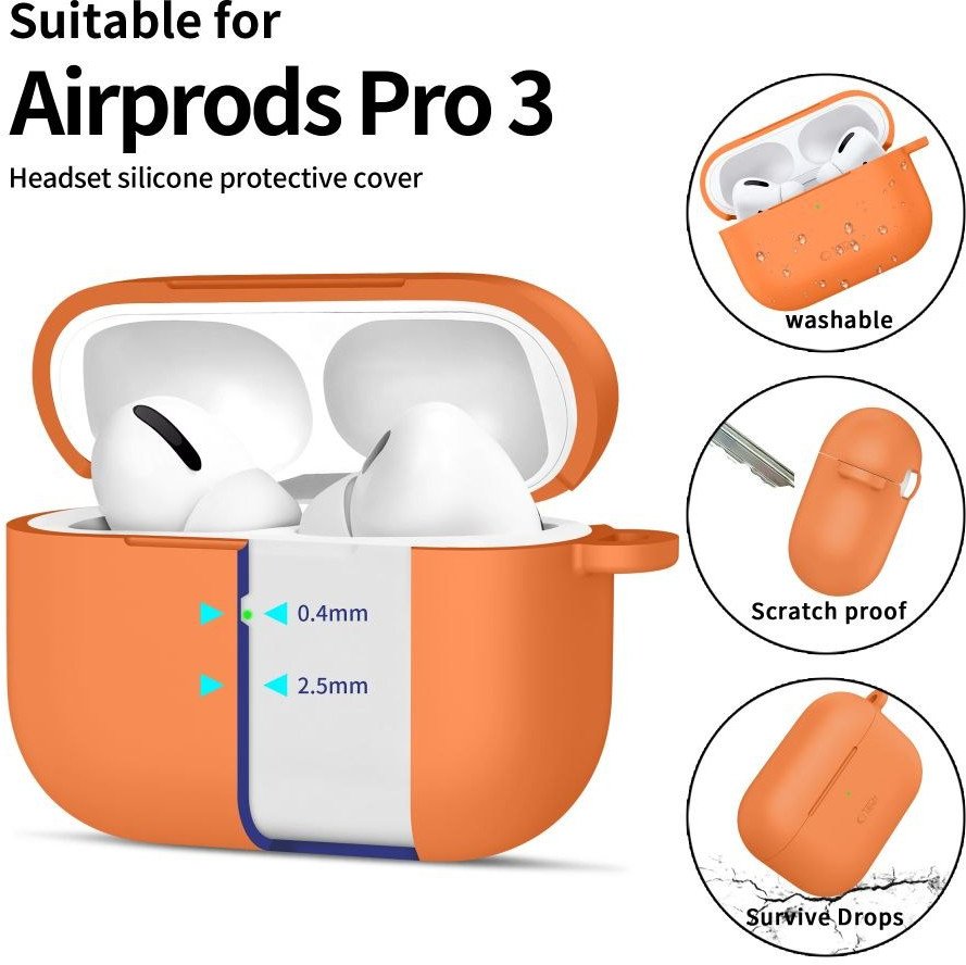 Kuti mbrojtëse Tech-Protect Silicone Hook për Apple AirPods Pro 3, silikon, me karabinë, portokalli kozmik