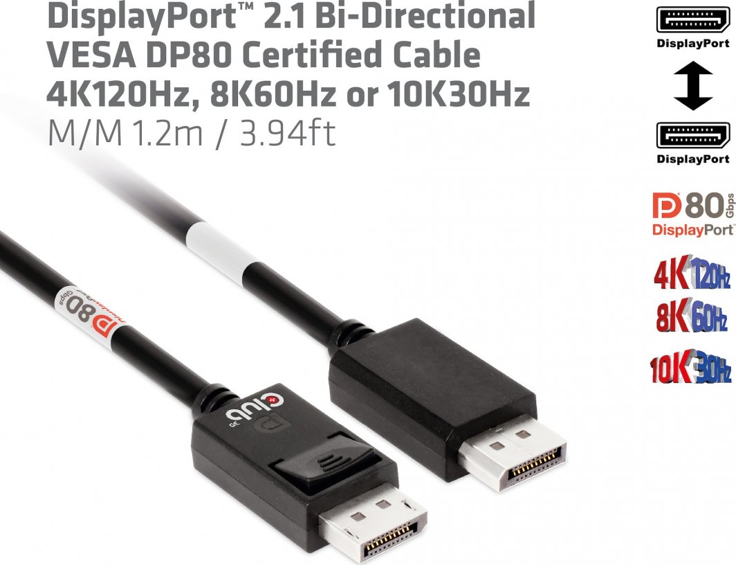 Kabllo DisplayPort Club 3D CAC-1091, DP 2.1, 4K 120Hz 8K 60Hz, 1.2m, e zezë