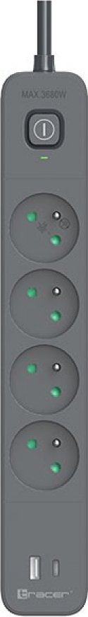 Shirit elektrik Tracer Power Line+, 4 priza, 1.5 m, 2x USB, i bardhë
