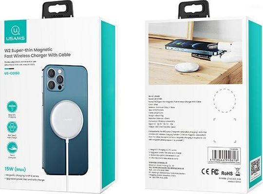 Karikues magnetik Usams US-CD160, 15W për celularët iPhone të serisë 12, i argjendtë