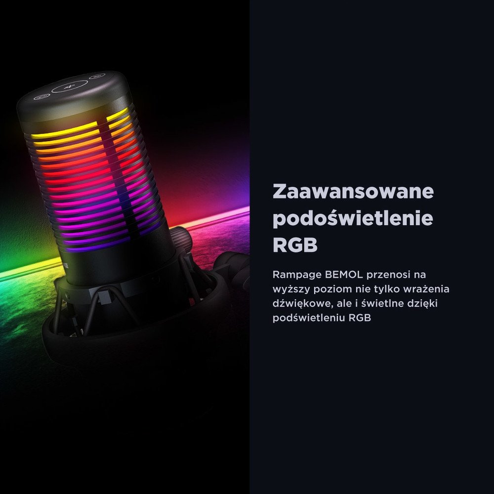 Mikrofon tavoline Rampage Bemol RGB, kapacitiv, 3.5mm dhe USB C, i zi