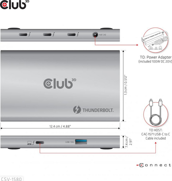 Stacion Thunderbolt 4 Club 3D CSV-1580, 3 porta Thunderbolt 4, USB A, gri