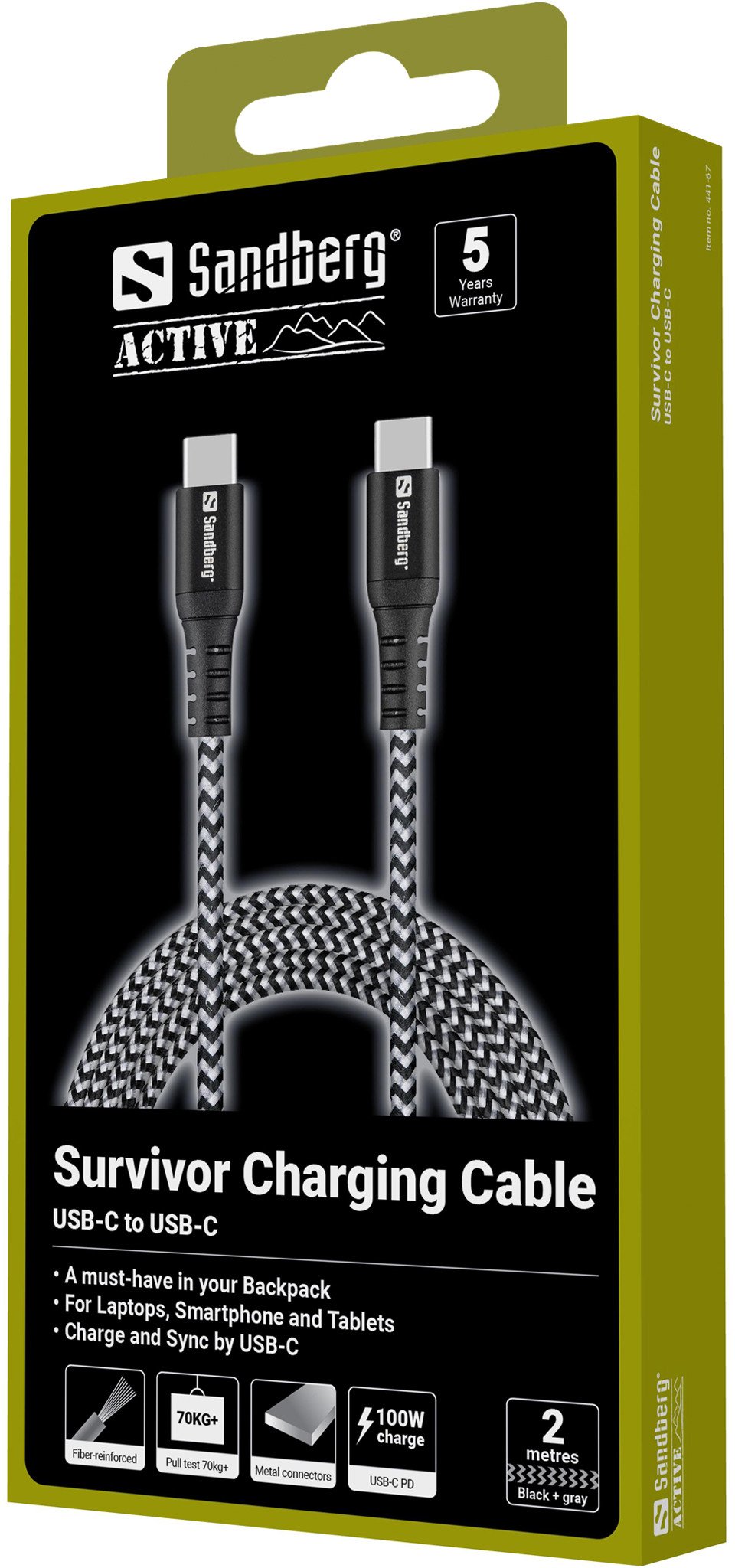 Kabllo karikimi Sandberg Survivor USB C, 2m, 100W, e zezë
