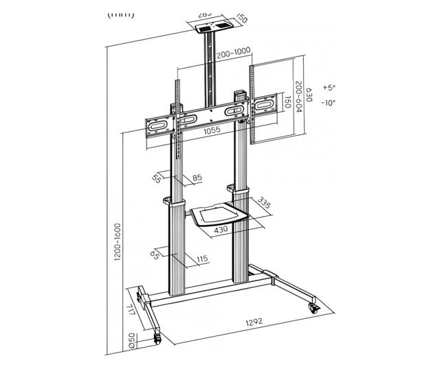 Stendë mobile për TV Serioux 44-610TW, 60"-100", ngarkesë 100kg, e zezë