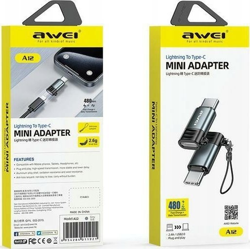 Adapter Awei A12 Lightning në USB C, gri