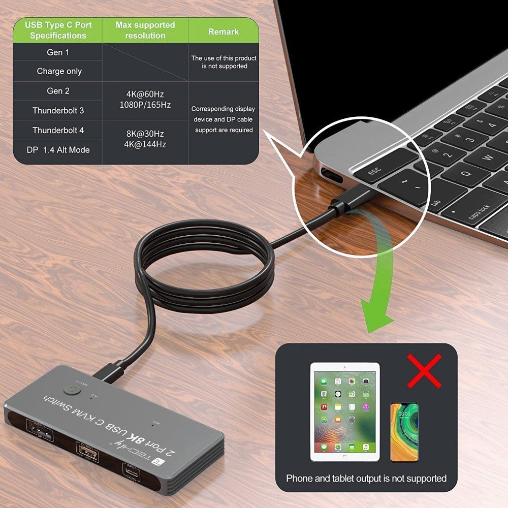 USB C KVM прекинувач Techly, DisplayPort 1.4 8K, 2x USB C, 3x USB 2.0, црн