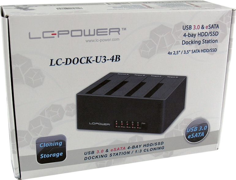 Docking station për HDD SSD LC-Power LC-DOCK-U3-4B, 4 porta SATA, USB 3.2 Gen1 dhe eSATA, i zi