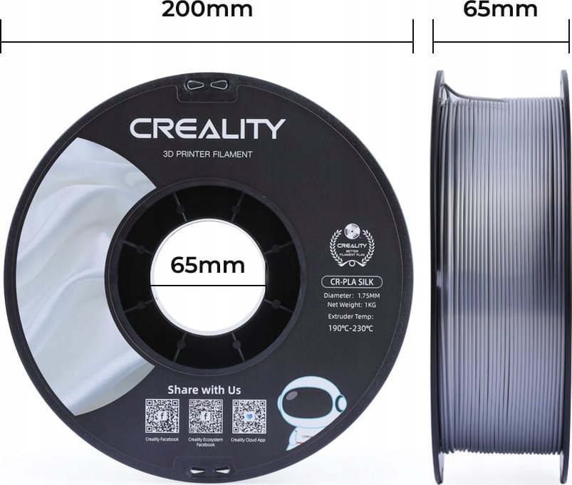 Filament 3D Creality Silk PLA, 1.75mm, saktësi ±0.03mm, argjend me shkëlqim
