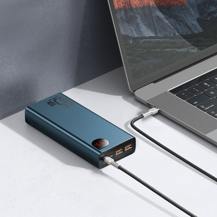 Powerbank me ekran dixhital Baseus Adaman Metal QC + PD, 20000mAh, 65W, i kaltër + kabllo USB-A/USB-C, 30cm, e zezë