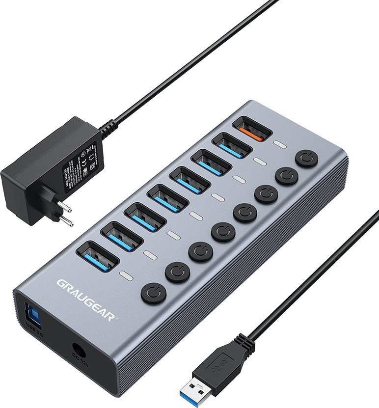 USB HUB Graugear G HUB71 A, 7 porta USB A 3.0, port karikimi, argjend