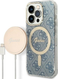 Set aksesorësh Guess GUBPP14LH4EACSB për iPhone 14 Pro, mbrojtëse e fortë MagSafe, karikues wireless, blu