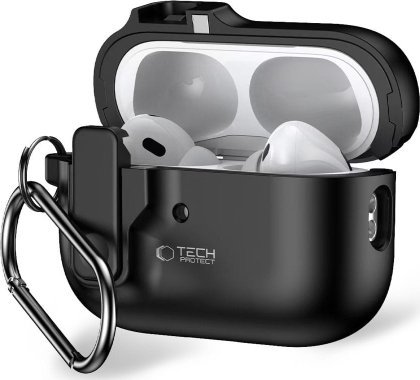 Kuti mbrojtëse Tech Protect Slim Hook për Apple AirPods Pro Pro 2, polikarbonat, me karabinë, e zezë
