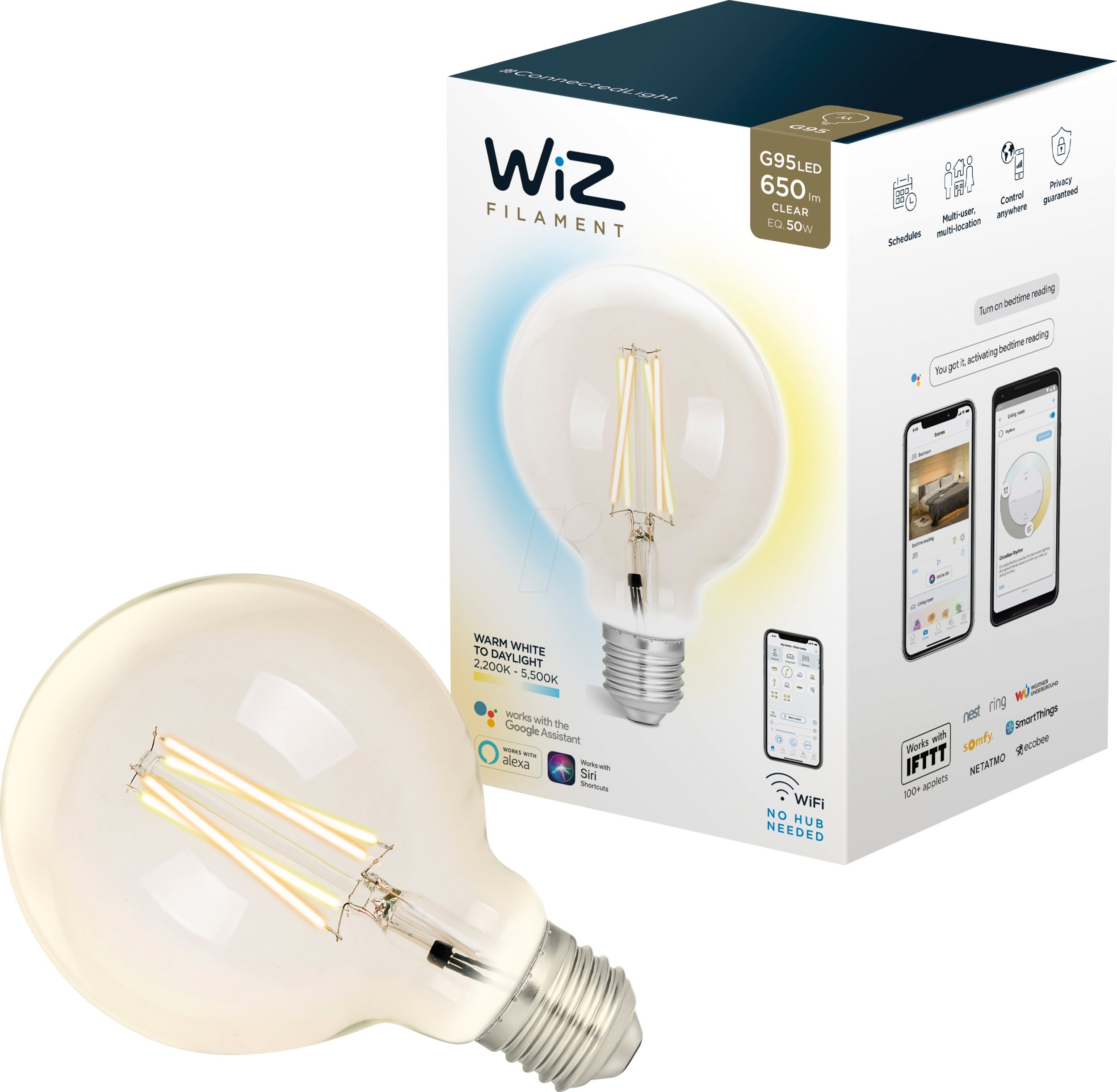 Llambë smart WiZ E27 G95 Filament LED, 6.5W, 2200K 5500K, transparente