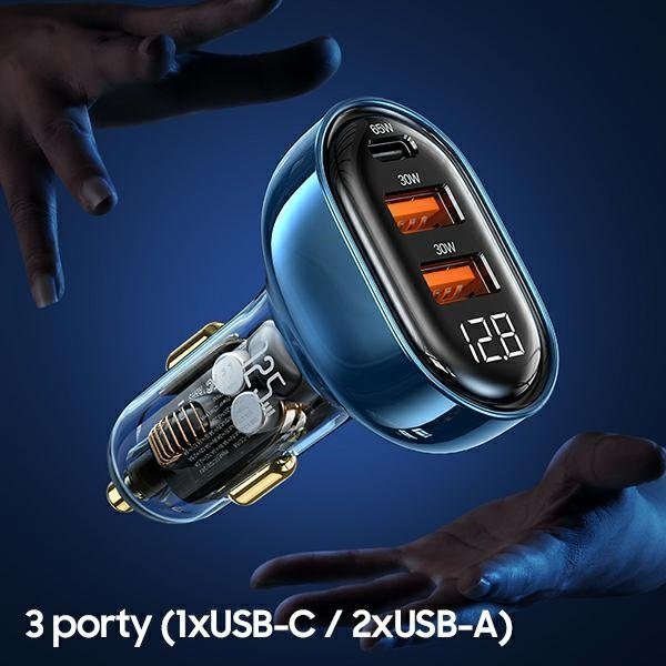 Karikues makine Usams US-CC158, 125W, 1x USB-C 2x USB-A, transparent blu