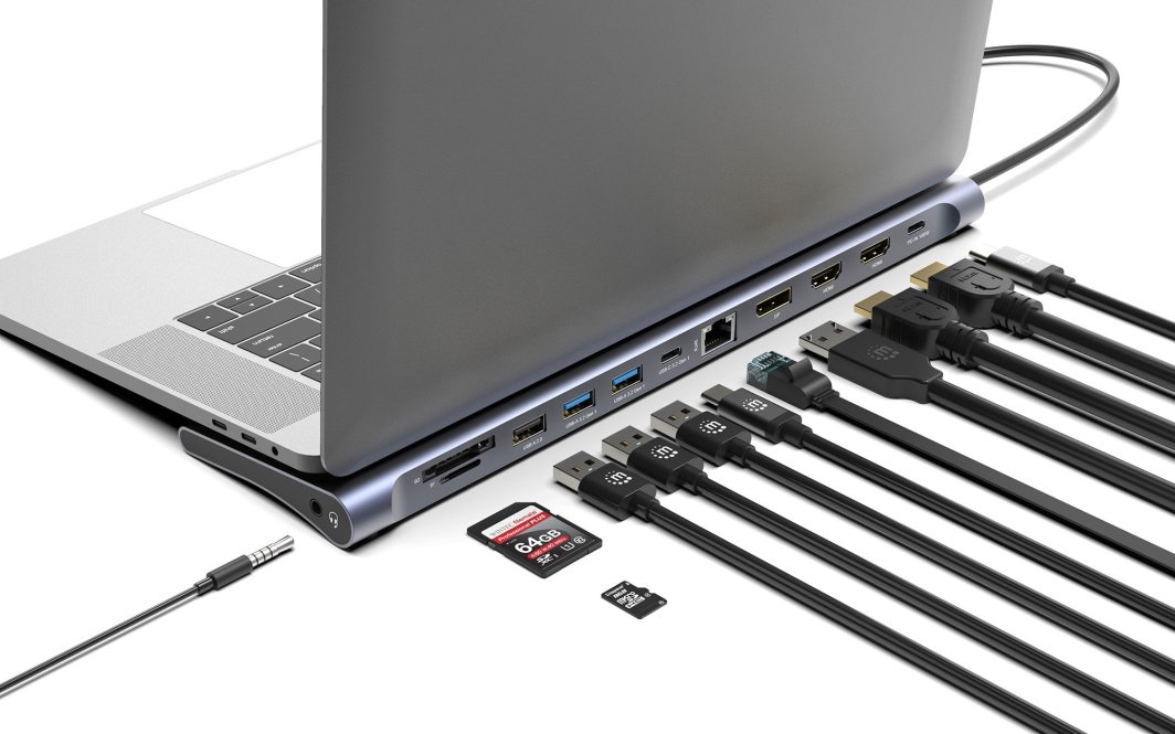 USB-C док Манхатон 12‑во‑1, 3x 4K, Power Delivery 100W, сив