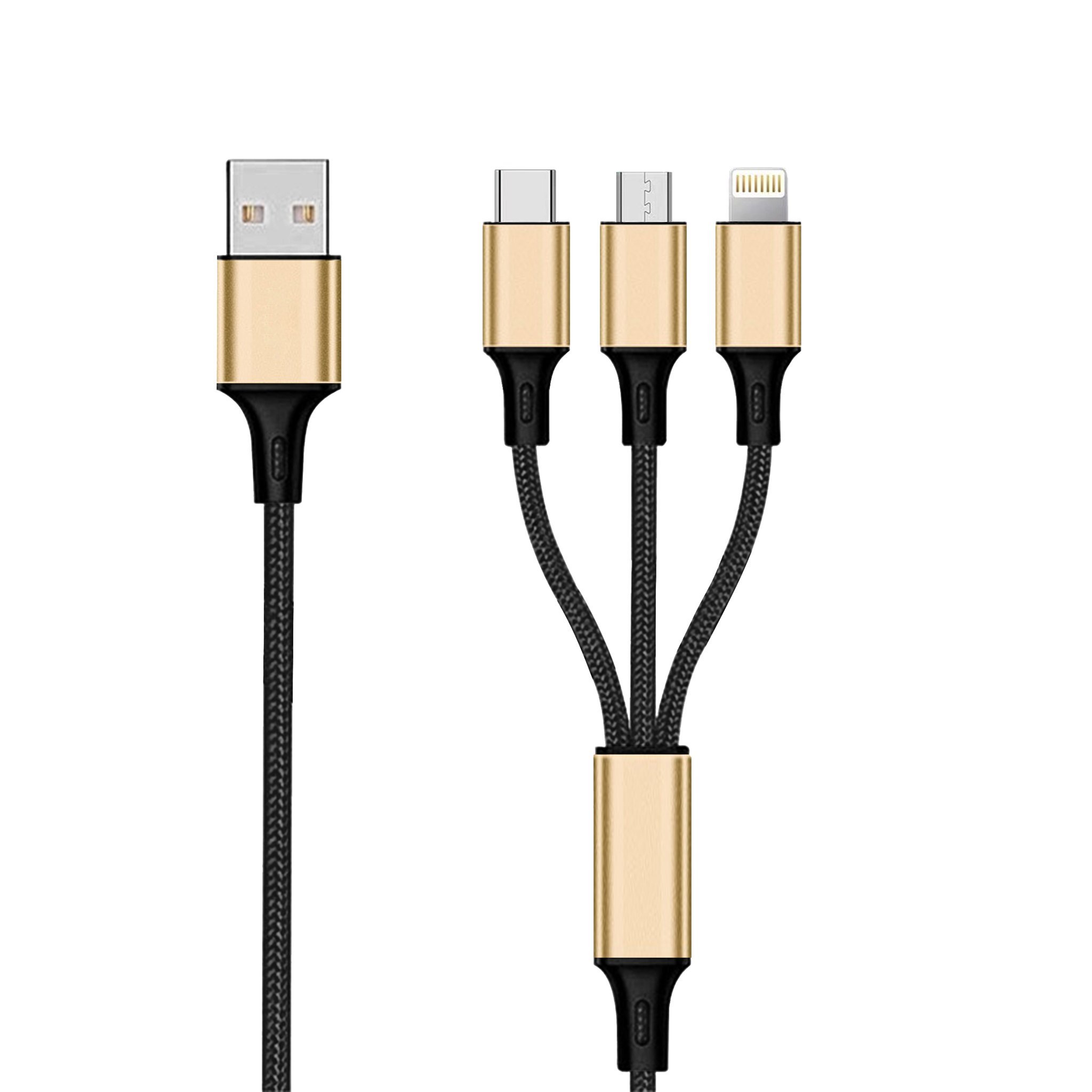 Kabllo USB 2GO 3 në 1, USB A në USB C microUSB Lightning, 1.5m, e zezë gold