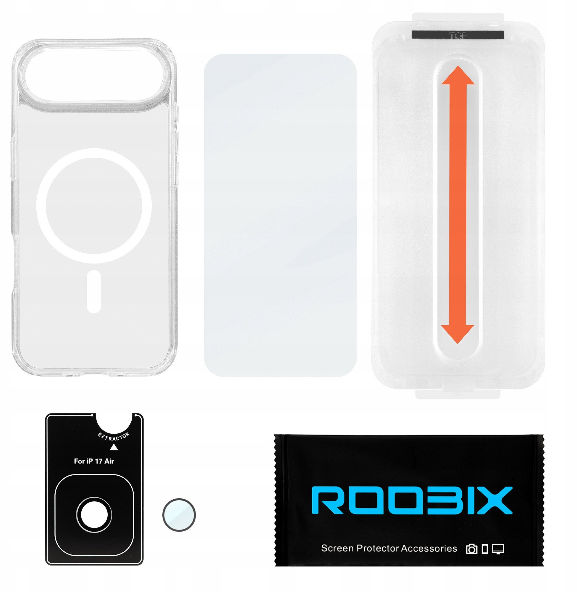 Set 3in1 aksesorë Roobix Clarion MagSafe për iPhone 17 Air, kejs transparent, xham mbrojtës, mbrojtës lente kamerash