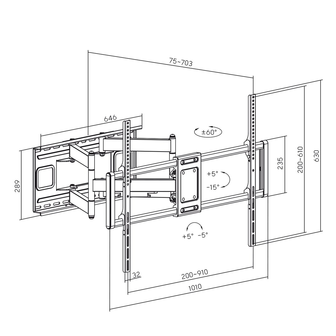 Mbajtëse muri për TV Maclean MC-482, 60-120", VESA 900x600, 120 kg, të zeza