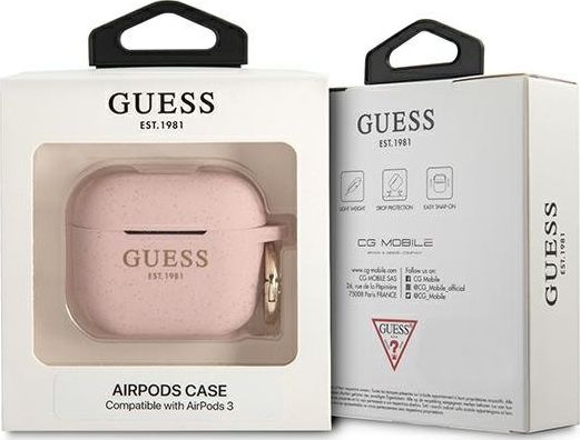 Mbulesë silikoni Guess GUA3SGGEP për AirPods 3, me shkëlqim, rozë