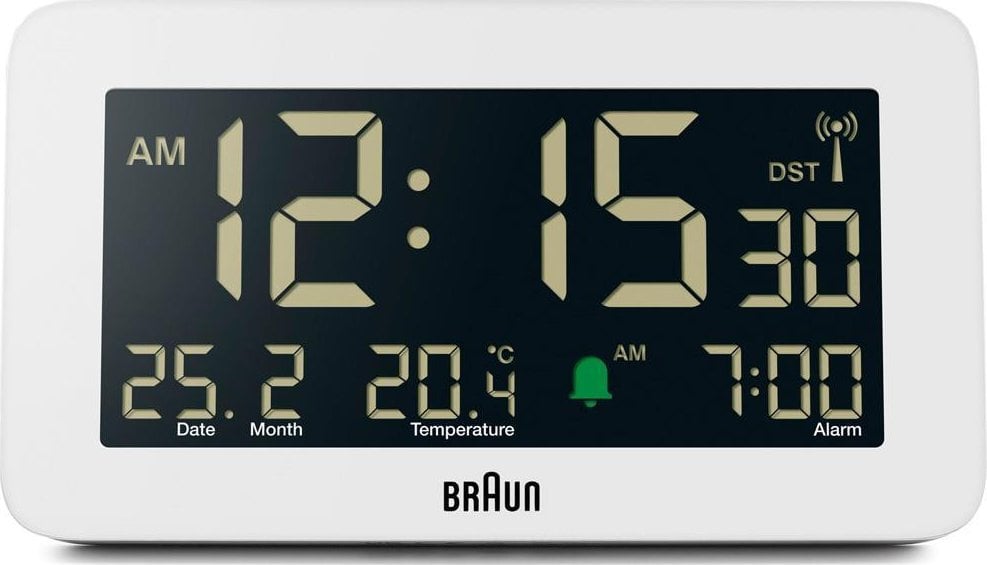 Radio me alarm Braun BC10 DCF, dixhitale, me ekran LCD, e bardhë