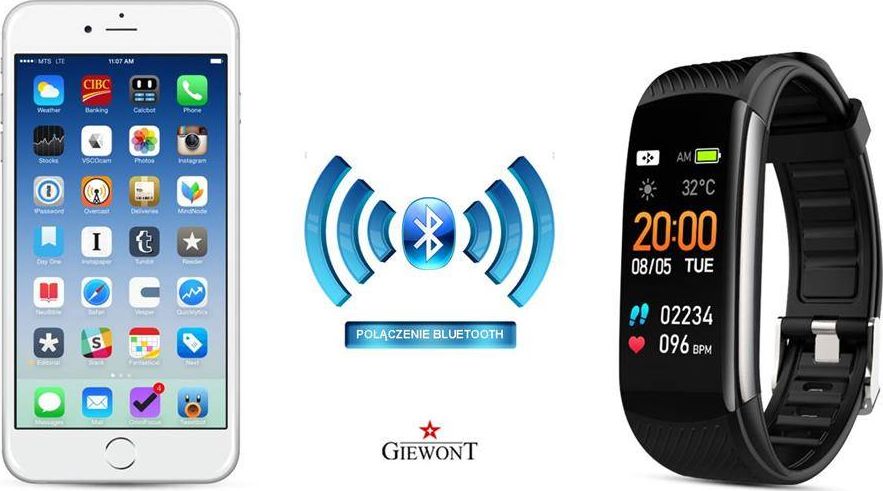 Byzylyk inteligjent Giewont GW200-7, ekran me prekje, njoftime smart, i zi me rrip blu