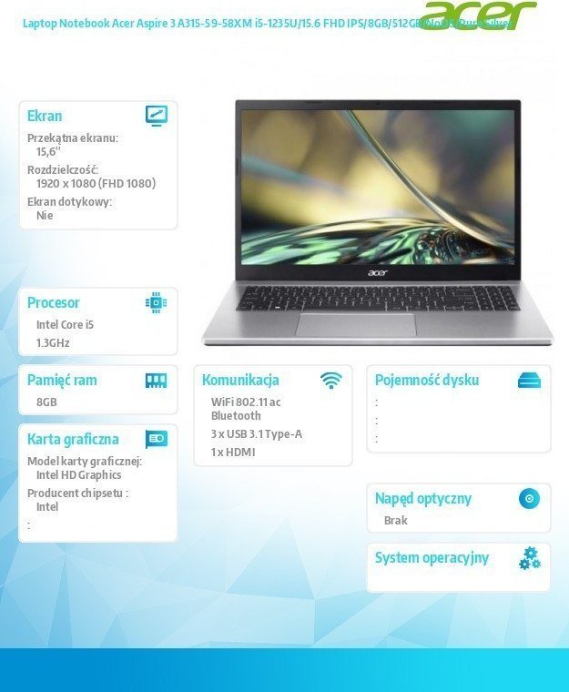 Laptop Acer Aspire 3 A315-59-58XM, 15.6", Intel Core i5-1235U, 8GB RAM, 512GB SSD, argjend