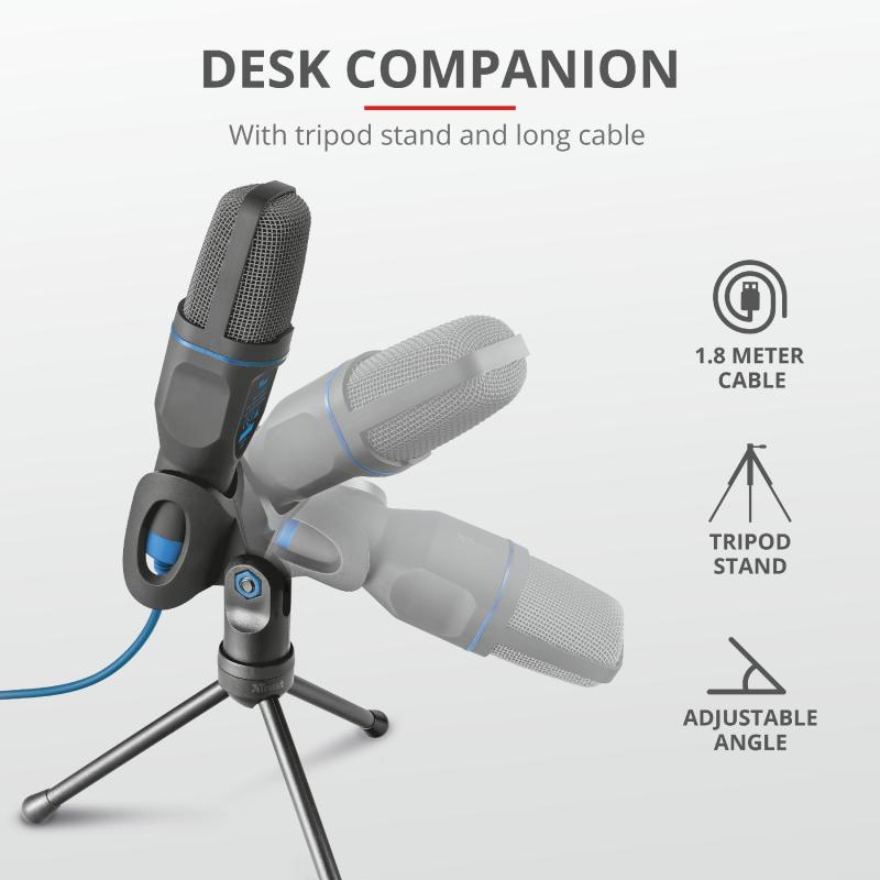 Mikrofon PC Trust Mico, USB dhe 3.5mm, me tripod, i zi blu