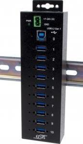Hub USB Exsys EX-1510HMVS, 10 porta USB 3.2 Gen 1, montim në shinë DIN, i zi