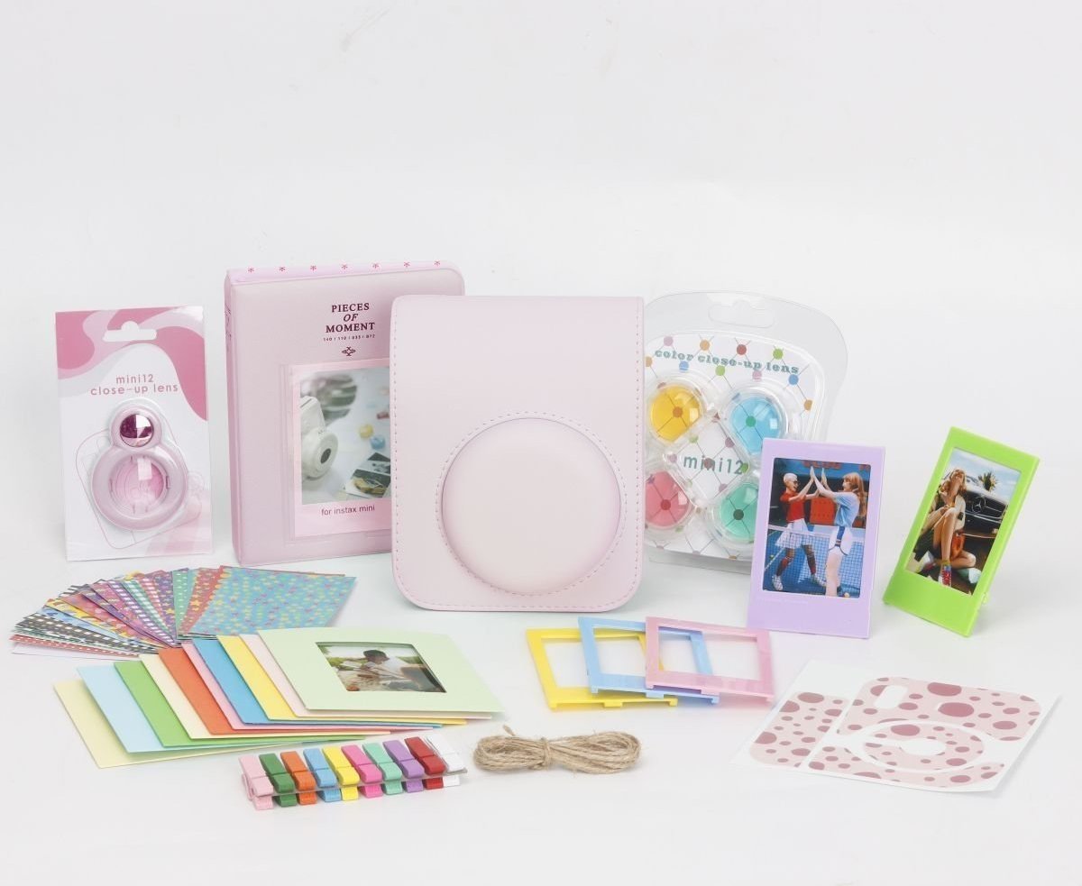 Set aksesorësh LoveInstant 8 në 1 për Fujifilm Instax Mini 12, me çantë dhe albume foto, rozë