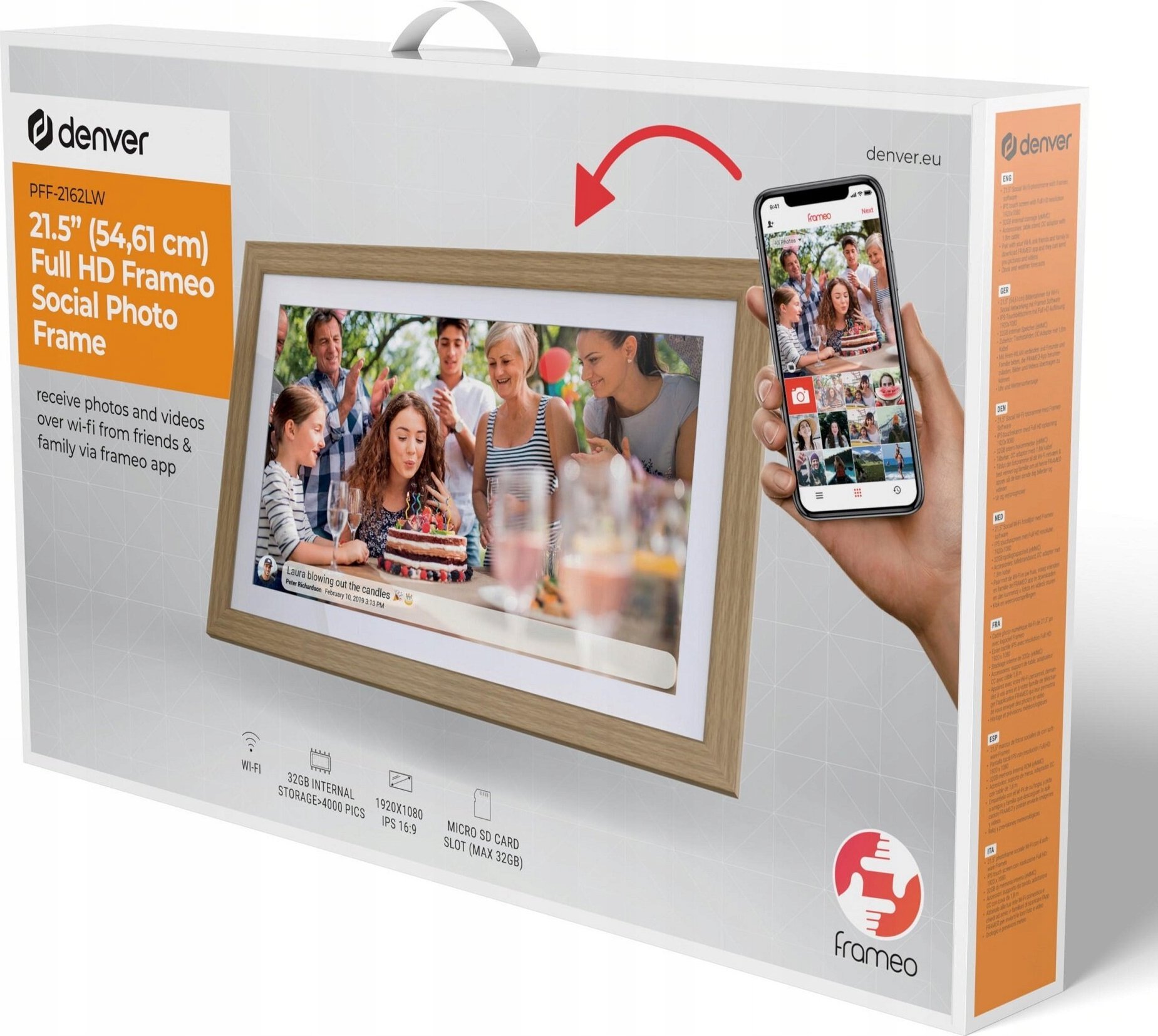 Fotoramë dixhitale Denver FRAMEO PFF-2162LW, 21.5" Full HD, 32GB, dru i çelët