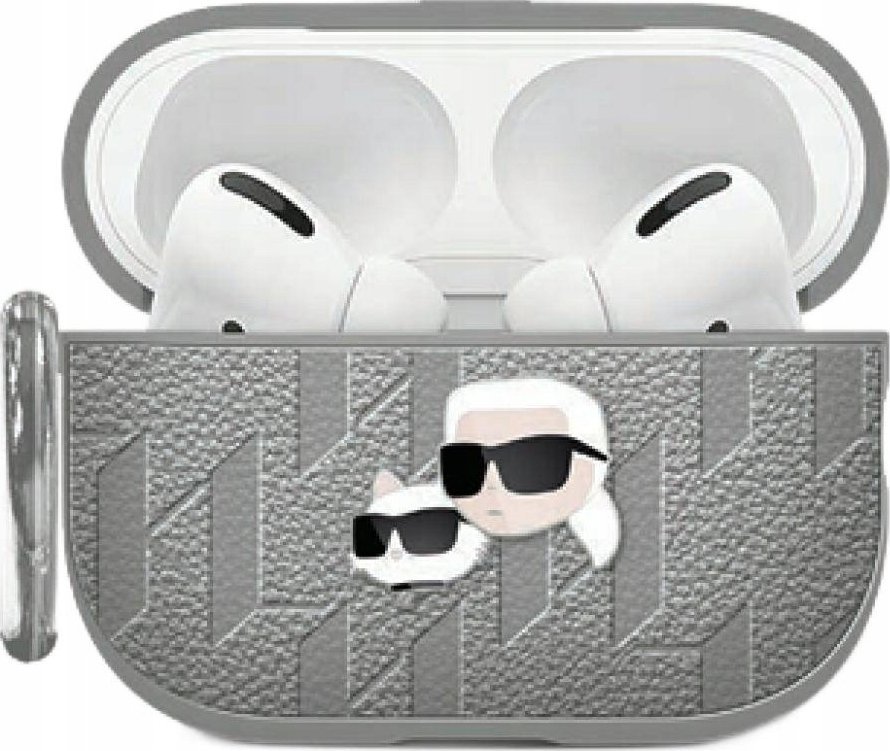 Maskë mbrojtëse Karl Lagerfeld Monogram Karl & Choupette për AirPods 4, argjend