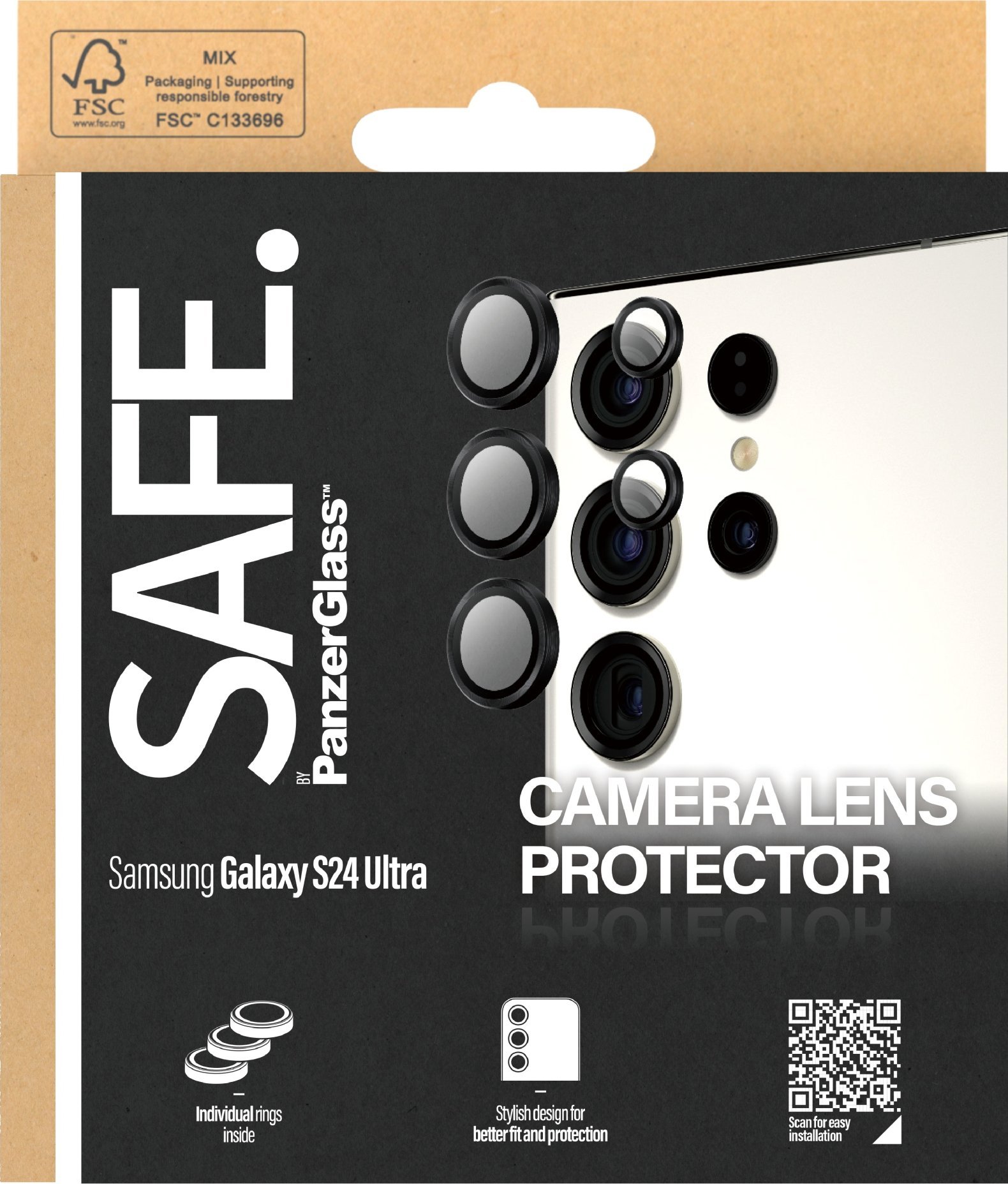 Mbrojtëse kamere SAFE by PanzerGlass për Samsung Galaxy S24 Ultra, xham i temperuar, unaza optike, e zezë