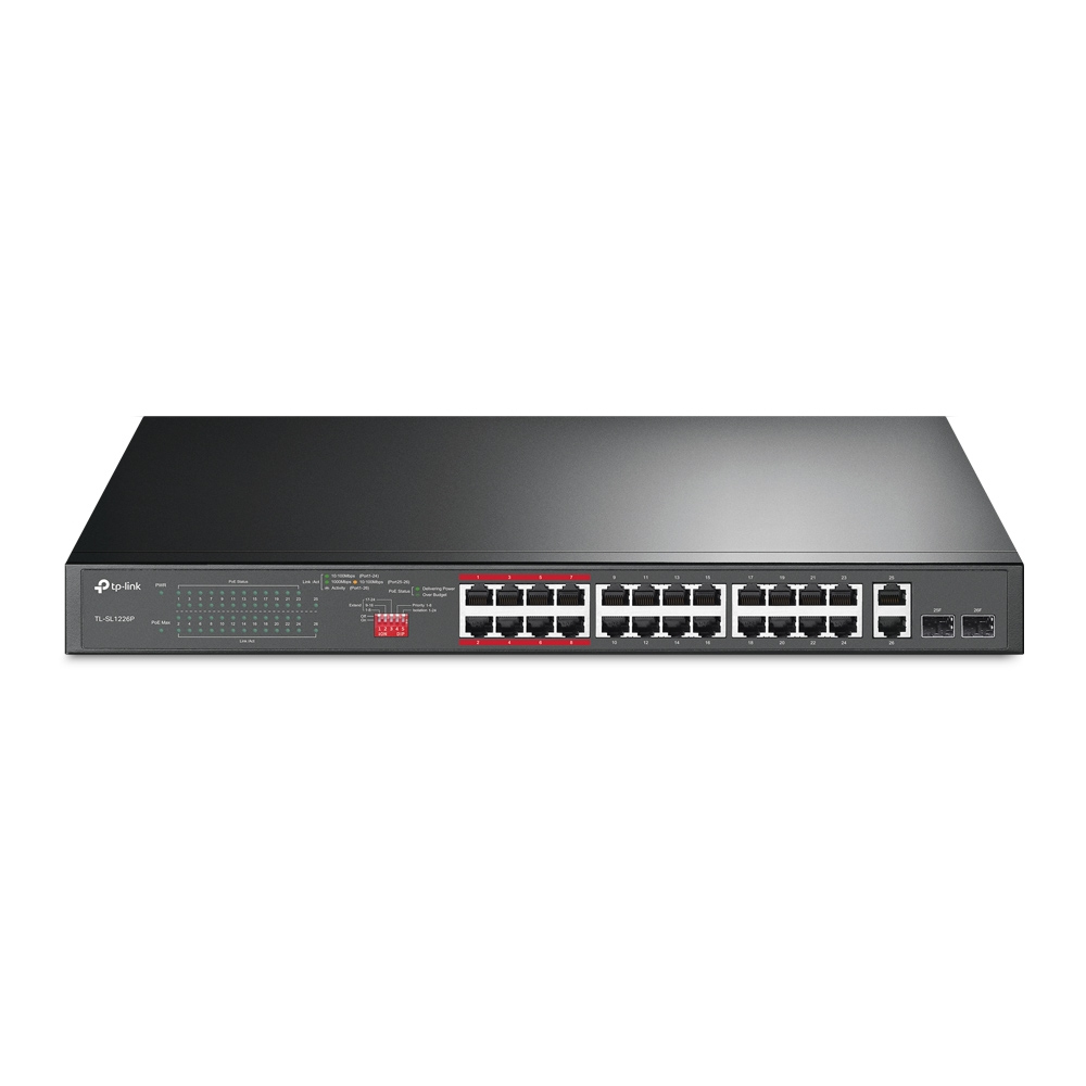 Switch TP-Link TL-SL1226P, 24-Port 10/100Mbps + 2-Port Gigabit, PoE+ i pamenaxhueshëm, 250W