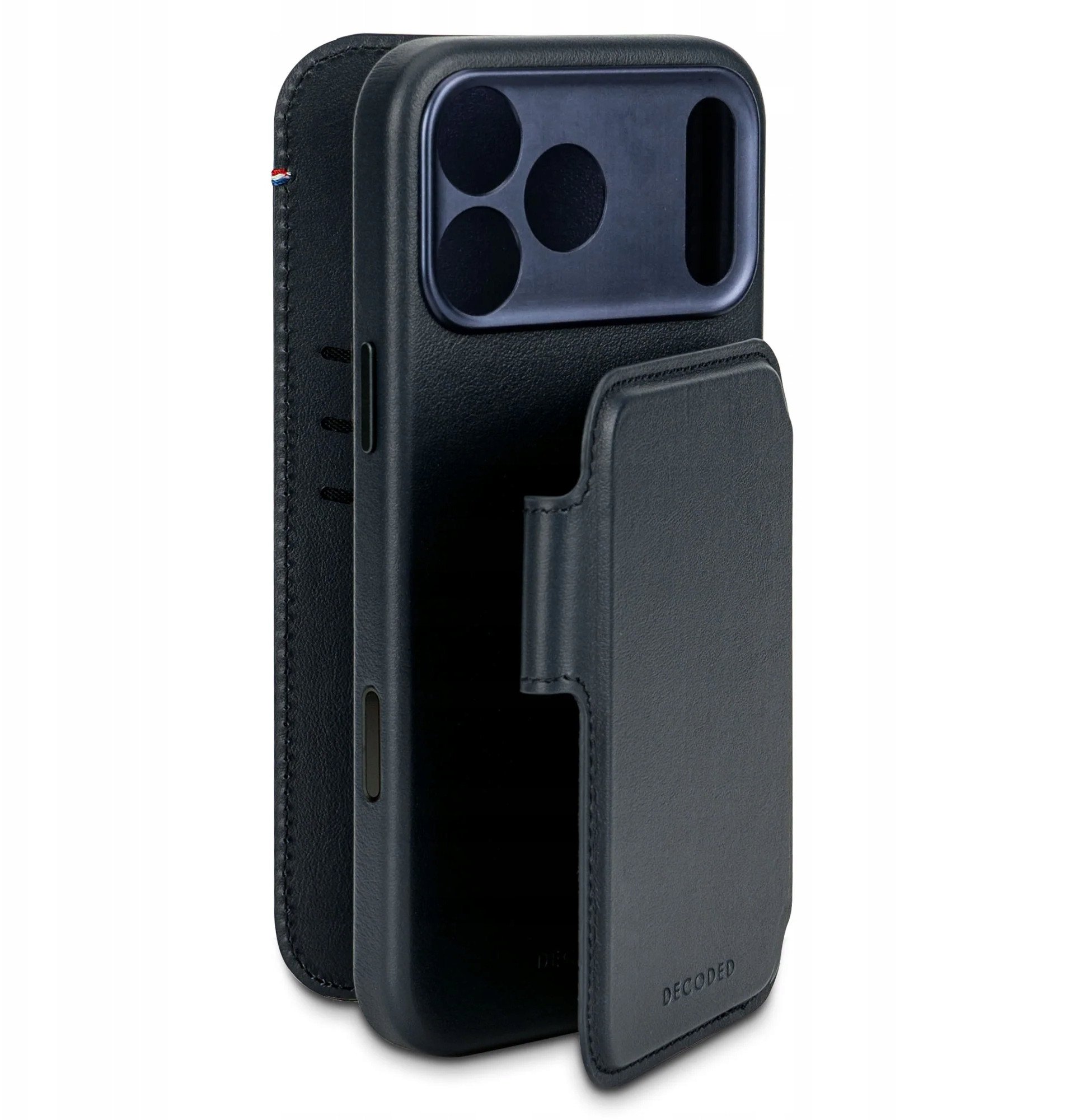 Mbështjellëse folio Decoded për iPhone 17 Pro, lëkurë natyrale, me xhepa kartelash, blu