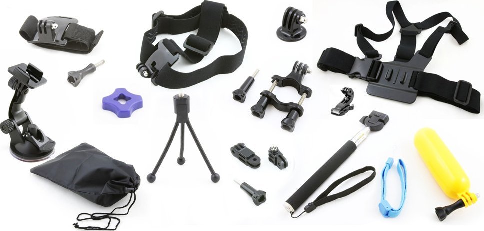 Set aksesorësh Xrec për GoPro dhe kamera sportive, universal, me kuti transporti, i zi