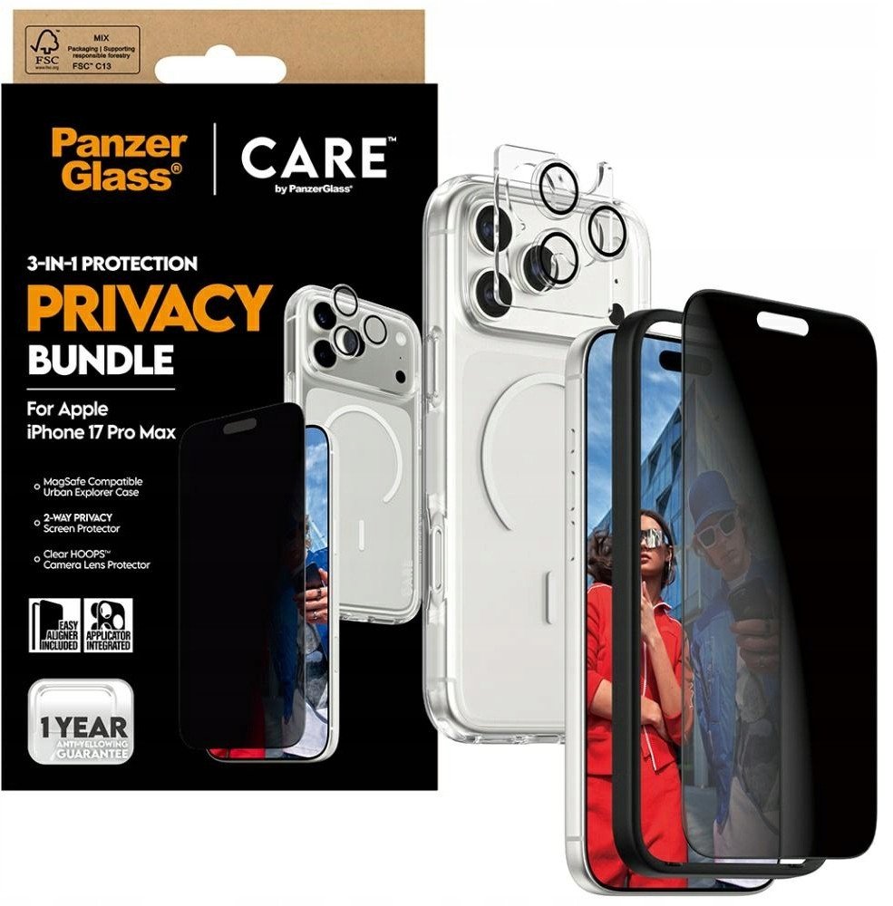 Set mbrojtës PanzerGlass CARE 3 në 1 për iPhone 17 Pro, mbrojtës ekrani privatësie, mbrojtje kamere