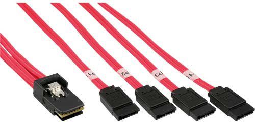 Kabllo Mini SAS InLine SFF 8087 në 4x SATA, 0.75m, e kuqe