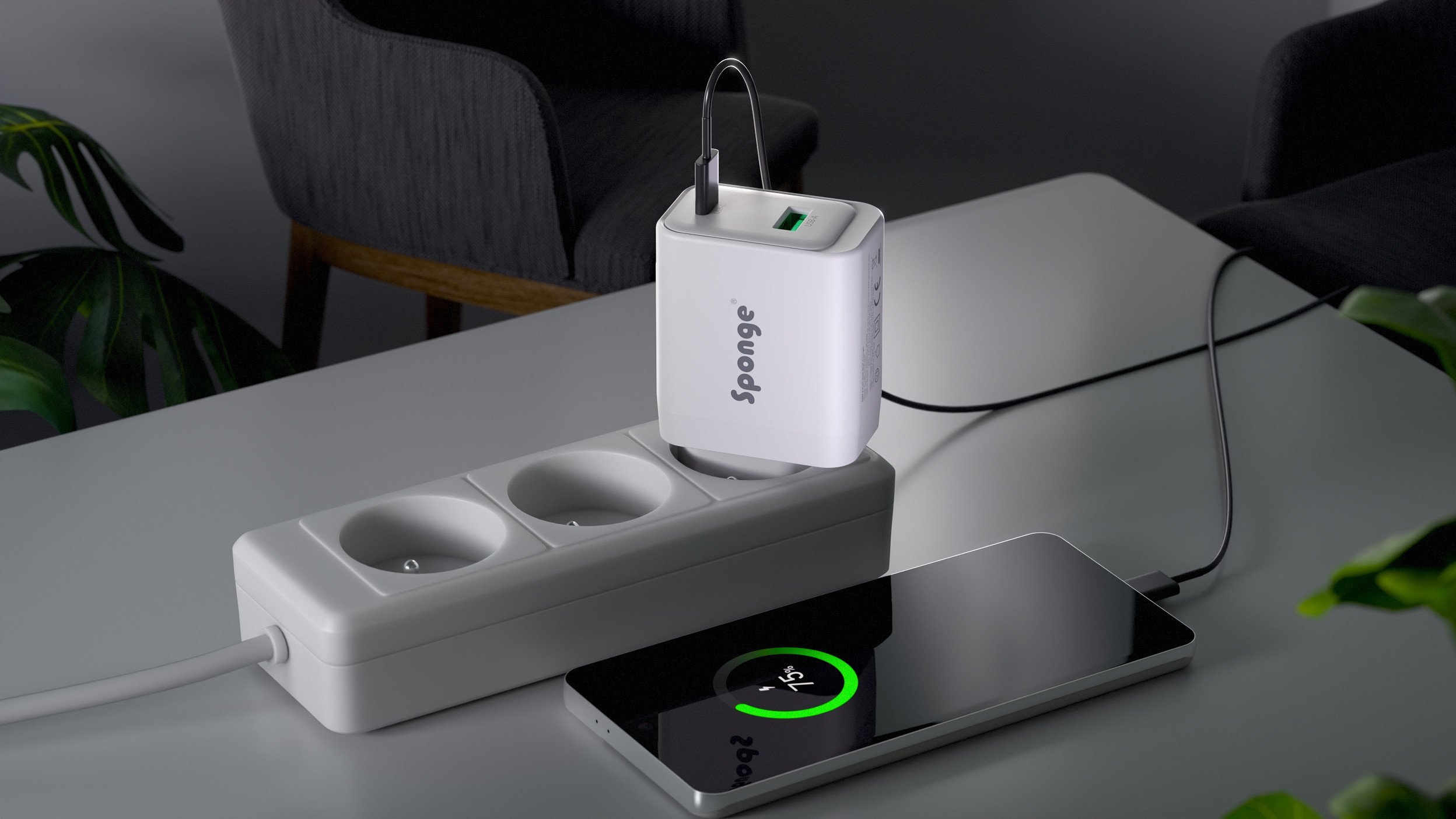 Karikues muri Sponge Charger C2 GaN, 45W, 1x USB A 1x USB C, i bardhë