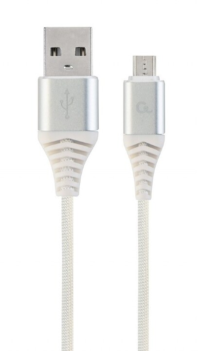 Gembird кабел CABLEXPERT, USB-A до микро USB, M / M, ПРЕМИУМ КВАЛИТЕТ, плетен, 1м, бело / сребро
