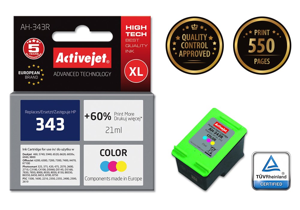 Ngjyrë për printer Activejet AH-343R (zëvendësim për HP 343 C8766EE), 21 ml, e kaltër / vjollcë /  e verdhë