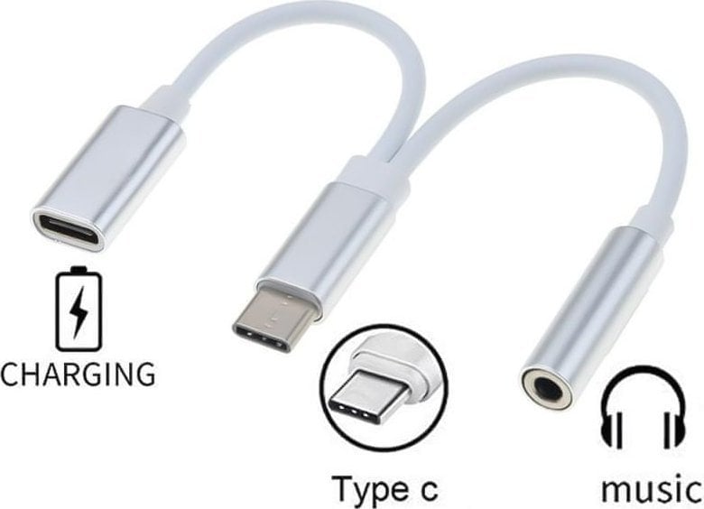 Adapter audio PremiumCord USB C në 3.5mm, port USB C për karikim, i bardhë