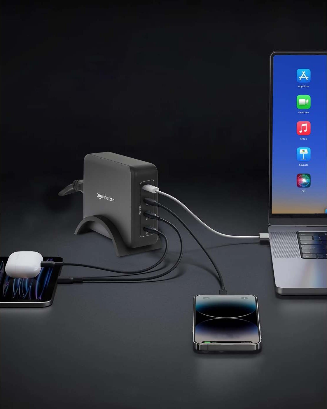 Stacion karikimi Manhattan 4 Port GaN, USB Power Delivery 240W, PD 3.1, i zi