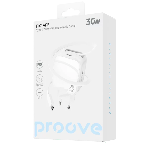 Karikues muri Proove Fixtape me kabllo të integruar Type-C, 30W, i bardhë
