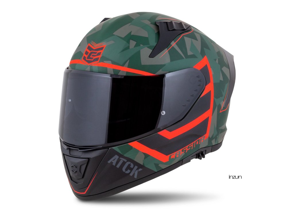 Kaska moto CASSIDA Aero ATCK 2026, integral, ECE 22.06, kamuflazh jeshile e zezë gri portokalli
