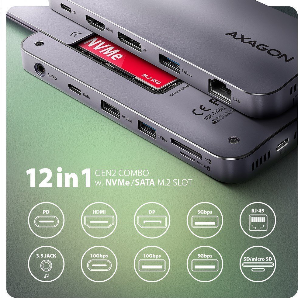 HUB USB Axagon HMC-12GM2, 12 në 1, 10Gbps, gri