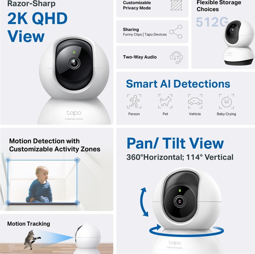 Kамера IP TP-Link Tapo C220, 2K 4MP, ротација 360°, бела