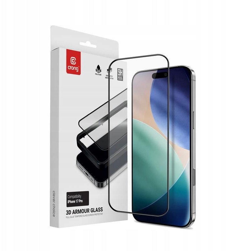 Xham mbrojtës Crong 3D Armour Glass për iPhone 17 Pro, i fortifikuar, me kornizë montimi, i zi